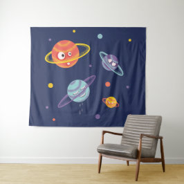 Niedliche Planeten Cartoon Weltraum Kunst Kinder Wandteppich