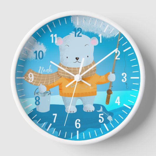 Niedliche Polarbär Kid Wall Clock mit Namen Uhr (Vorderseite)