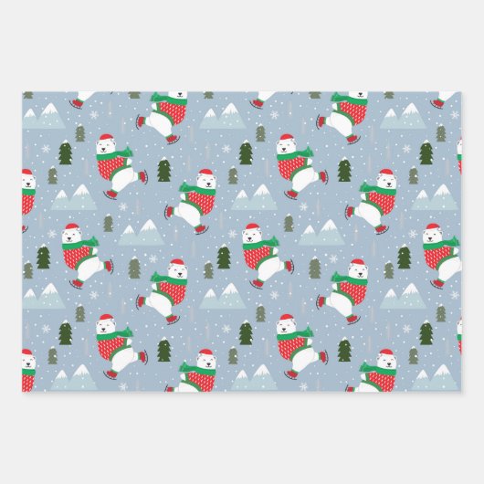 Niedliche Polarbären in drei blauen Weihnachtsmust Geschenkpapier Set (Vorderseite 2)