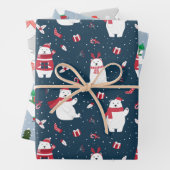 Niedliche Polarbären in drei blauen Weihnachtsmust Geschenkpapier Set (Beispiel)