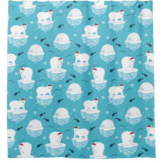 Niedliche Polarbären in Weihnachtsmannmützen Weihn Duschvorhang (Vorderseite)