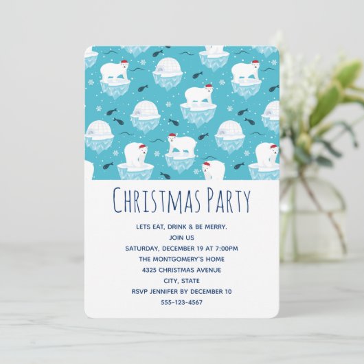 Niedliche Polarbären in Weihnachtsmannmützen Weihn Einladung (Stehend Vorderseite)