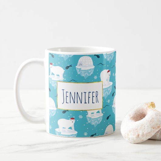 Niedliche Polarbären in Weihnachtsmannmützen Weihn Kaffeetasse (Mit Donut)