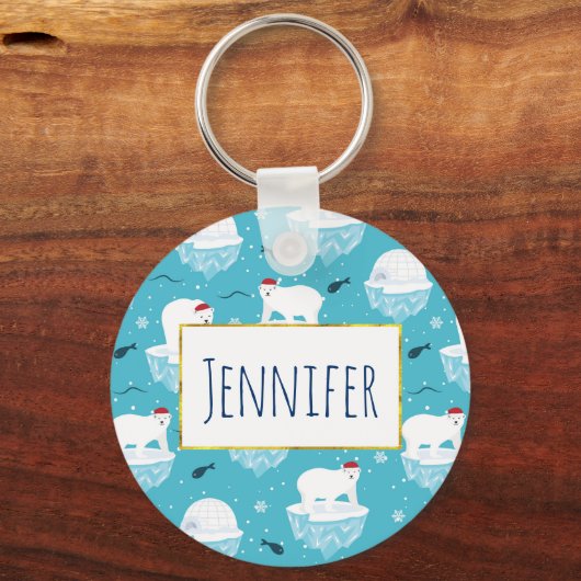 Niedliche Polarbären in Weihnachtsmannmützen Weihn Schlüsselanhänger (Vorderseite)