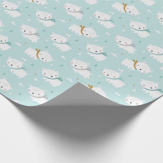 Niedliche Polarbären mit Schals auf hellblau Geschenkpapier (Ecke)