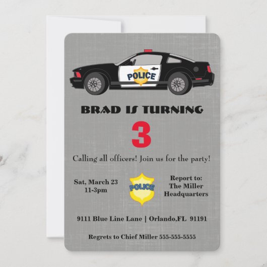 Niedliche Polizei-Auto-Geburtstags-Einladung Einladung (Vorderseite)