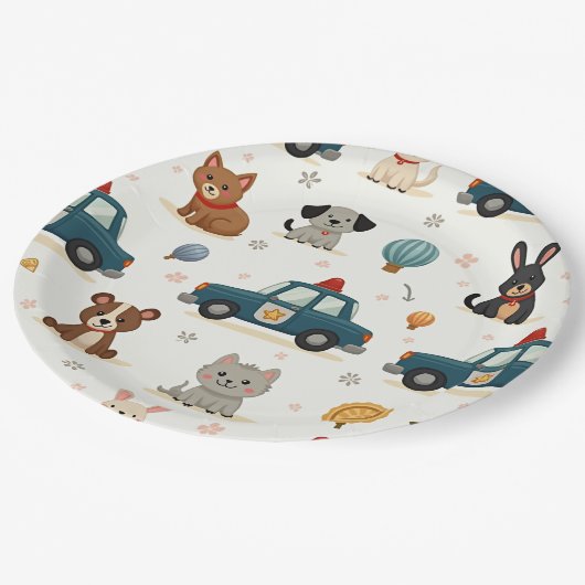 Niedliche Polizeiwagen und Tiere Pappteller (Schrägansicht)