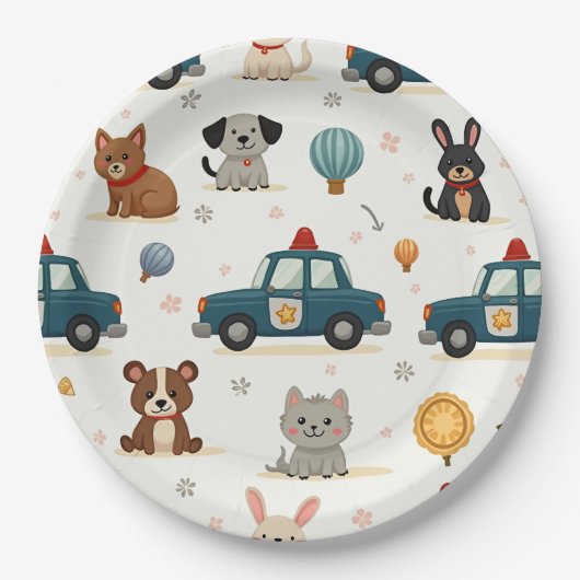 Niedliche Polizeiwagen und Tiere Pappteller (Vorderseite)