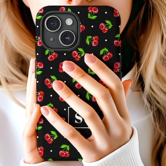 Niedliche Polka-Dot-Kirschen auf schwarzer Monogra Case-Mate iPhone Hülle