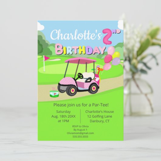 Niedliche Polka Dot Pink Girly Golf Einladung (Stehend Vorderseite)