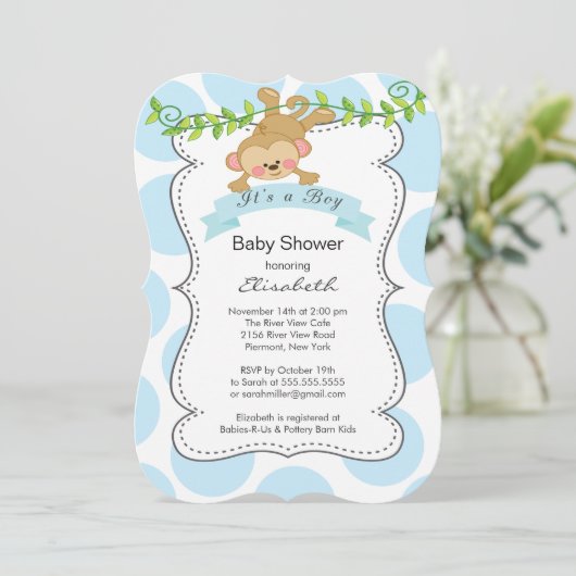 Niedliche Polka Dots & Monkey Young Shower Einladung (Stehend Vorderseite)