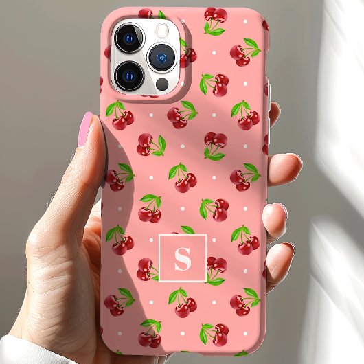 Niedliche Polka-Dotter-Kirschen auf rosa Monogramm Case-Mate iPhone Hülle