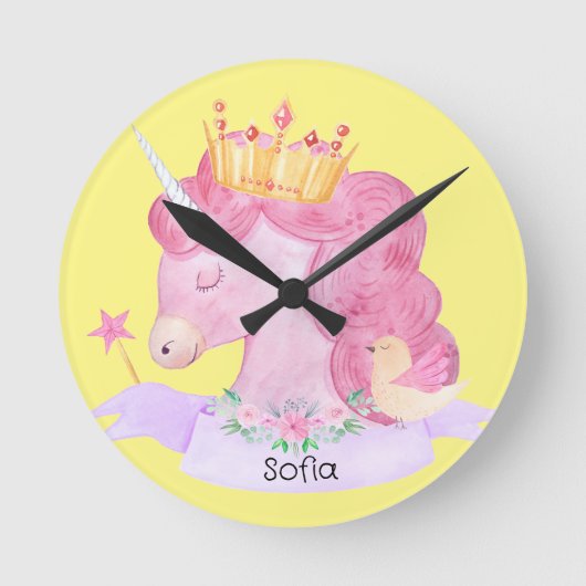 👑 Niedliche Princess Unicorn Individuelle Name Runde Wanduhr (Vorderseite)