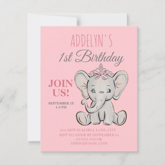 Niedliche Prinzessin Elephant Little Girl's 1. Geb Einladung (Vorderseite)