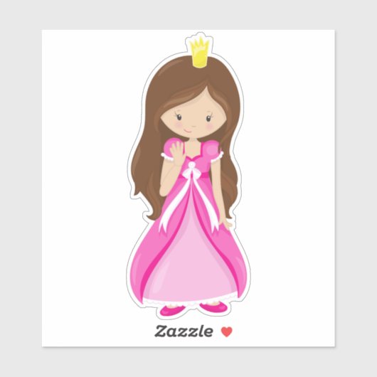 Niedliche Prinzessin, Krone, braune Haare, rosa Kl Aufkleber (Blatt)