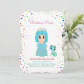 Niedliche Prinzessin mit Kitty Cat 7. Geburtstag Einladung (Stehend Vorderseite)