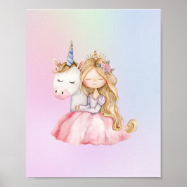 Niedliche Prinzessin Unicorn Aquarellfarbe Poster