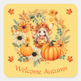 Niedliche Pumpkettenmaus im Herbstkranz Quadratischer Aufkleber