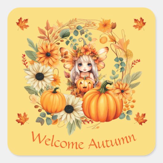 Niedliche Pumpkettenmaus im Herbstkranz Quadratischer Aufkleber (Vorderseite)