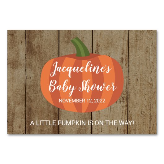 Niedliche Pumpkin Herbst Rustikale Babyduschenkart Tischnummer (Rückseite)