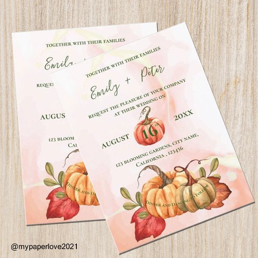 Niedliche Pumpkin Herbstleaves Monogramm-Hochzeit  Einladungspostkarte