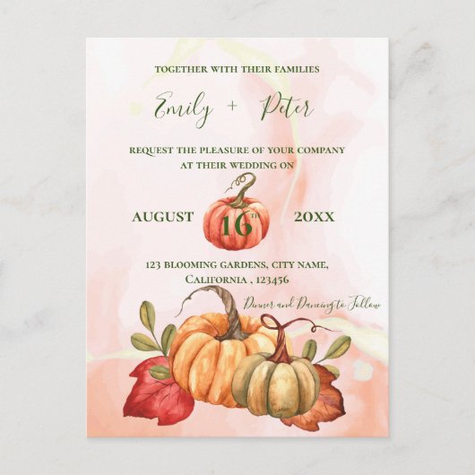 Niedliche Pumpkin Herbstleaves Monogramm-Hochzeit Postkarte (Vorderseite)