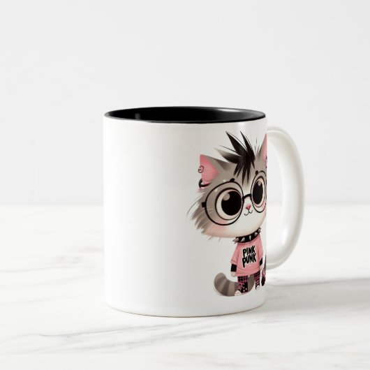 Niedliche Punk-Katze mit Skateboard | Pink Punk Ki Zweifarbige Tasse (VorderseiteRechts)