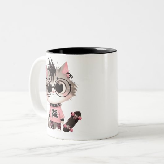 Niedliche Punk-Katze mit Skateboard | Pink Punk Ki Zweifarbige Tasse (Vorderseite Links)