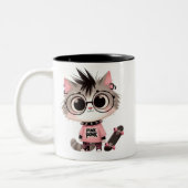 Niedliche Punk-Katze mit Skateboard | Pink Punk Ki Zweifarbige Tasse (Links)