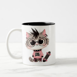 Niedliche Punk-Katze mit Skateboard   Pink Punk Ki Zweifarbige Tasse