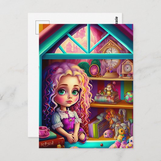 Niedliche Puppe in einem Puppenhaus Postkarte (Vorne/Hinten)