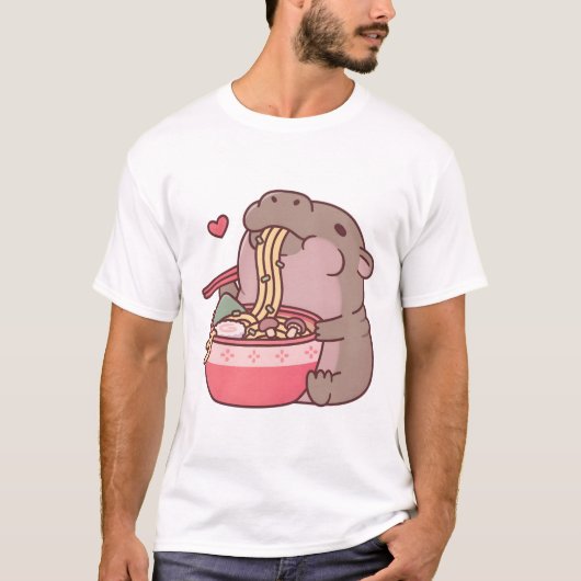 Niedliche Pygmäen-Hippo-Schlurping auf Ramen Noodl T-Shirt (Vorderseite)