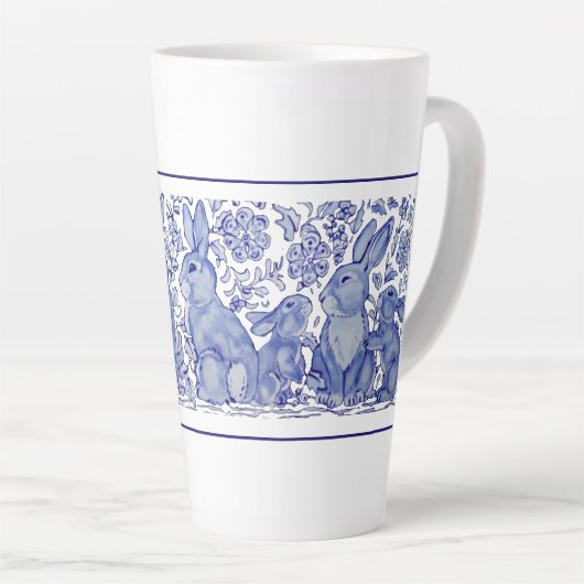Niedliche Rabbit-Familie Blue White Delft Dedham T Milchtasse (Rechte Ecke)