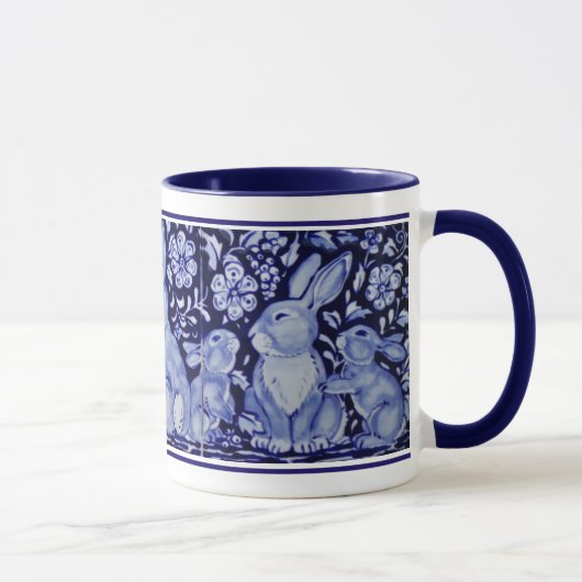 Niedliche Rabbit-Familie Blue White Delft Dedham T Tasse (Rechts)