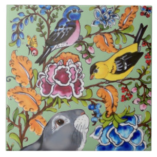 Niedliche Rabbit Mural Blumengrün Bkgrd oberste Hä Fliese