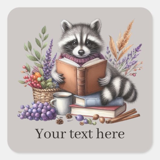 Niedliche Raccoon-Buchliebhaber fügen Text hinzu Quadratischer Aufkleber (Vorderseite)