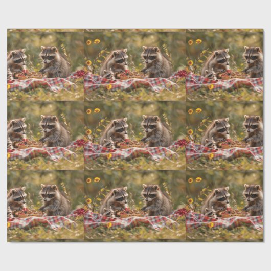 Niedliche Raccoon-Familie mit Picknick Geschenkpapier (Flach)