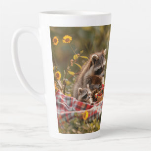 Niedliche Raccoon-Familie mit Picknick Milchtasse