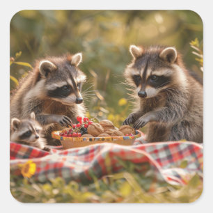 Niedliche Raccoon-Familie mit Picknick Quadratischer Aufkleber