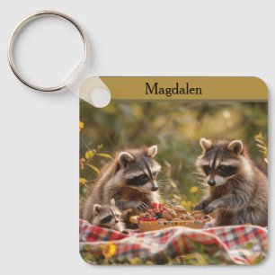 Niedliche Raccoon-Familie mit Picknick Schlüsselanhänger