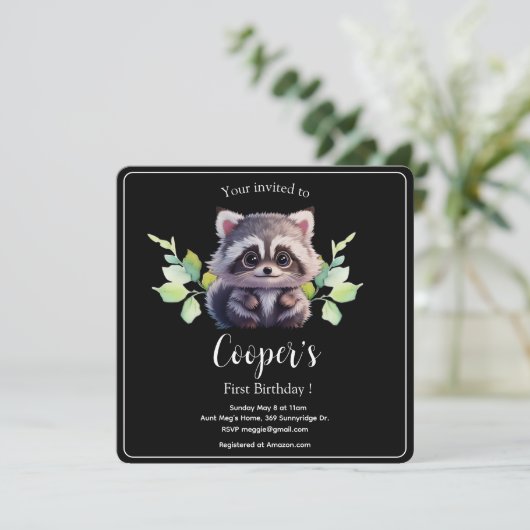 Niedliche Raccoon-Waldtiere Waldfreunde Einladung (Stehend Vorderseite)