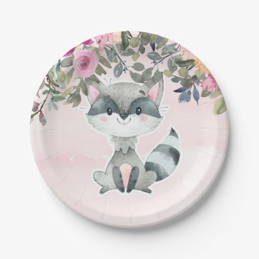Niedliche Raccoon Wasserfarbe Peony Baby Dusche Pappteller (Vorderseite)