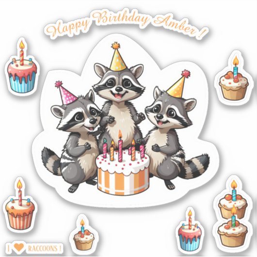 Niedliche Raccoons Happy Birthday Personalisiert Aufkleber (Vorderseite)