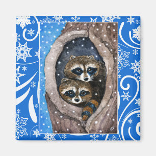 Niedliche Raccoons, Schnee, Weihnachtswinternatur Magnet