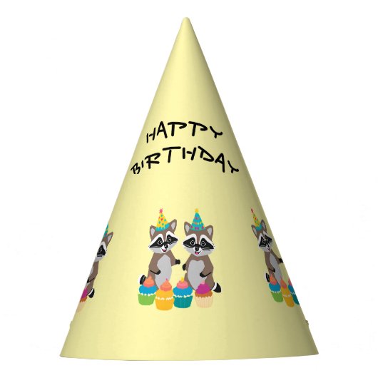 niedliche Raccos und Kuchen zum Geburtstag gelb Partyhütchen (Vorderseite)