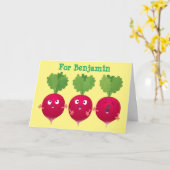 Niedliche Radieschen singend Trio Cartoon Gemüse Karte (Gelbe Blume)