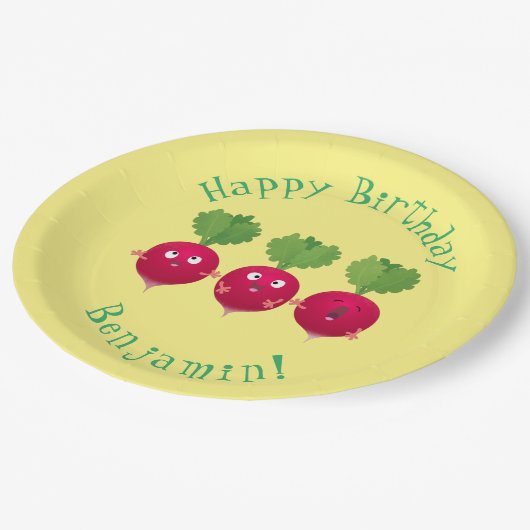 Niedliche Radieschen singend Trio Cartoon Gemüse Pappteller (Schrägansicht)