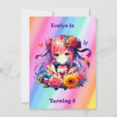 Niedliche Rainbow Anime Girl und Kitten Geburtstag Einladung (Vorderseite)