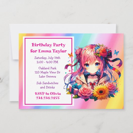 Niedliche Rainbow Anime Girl's Birthday Party Einladung (Rückseite)