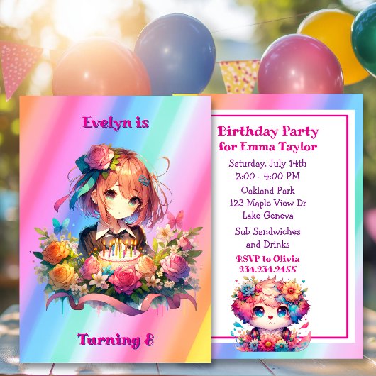 Niedliche Rainbow Anime Girl's Birthday Party Einladung